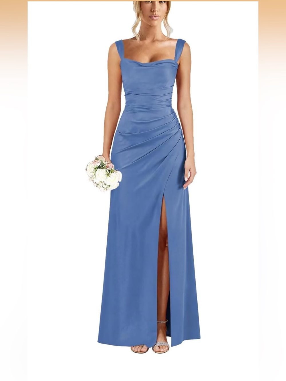 Blue Satin Ruched Maxi Dress with Thigh Slit